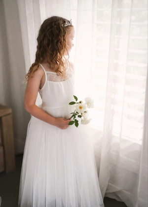 Ivory Lace Tulle Tie Back Flower Girl Dress